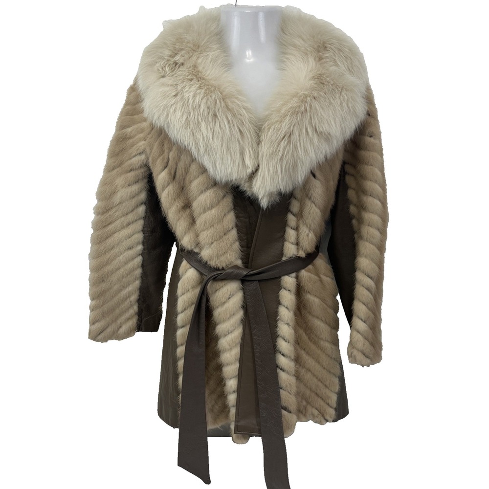 VTG Z.C.M.I. Cameo Room Chevron Mink & Leather Coat Fox Fur Collar Sz M 21" Pit